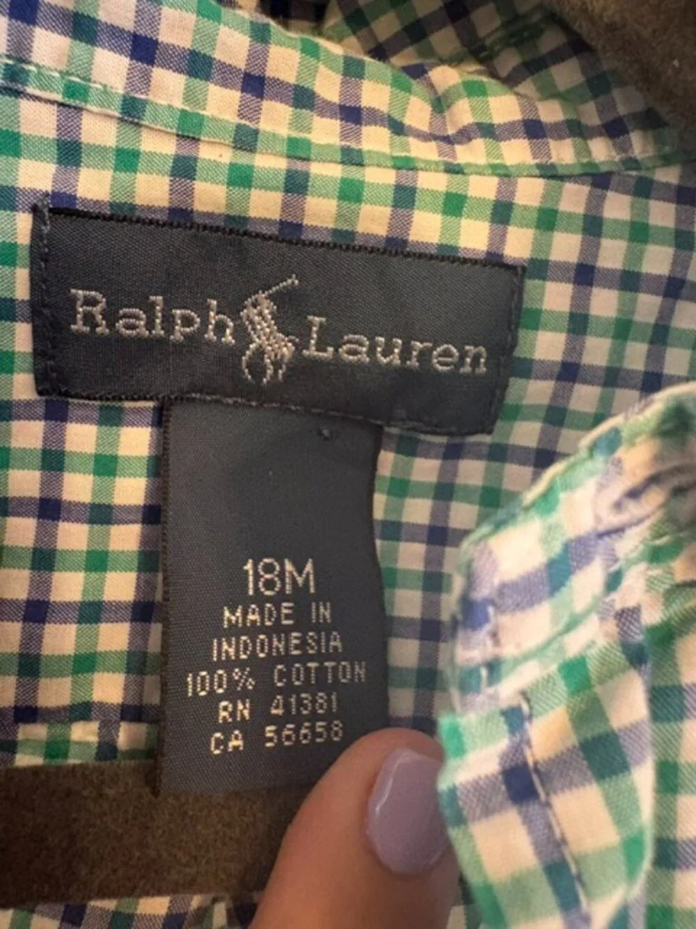 Ralph Lauren Blue and Green Check Button-Down Shirt, Size 18 months